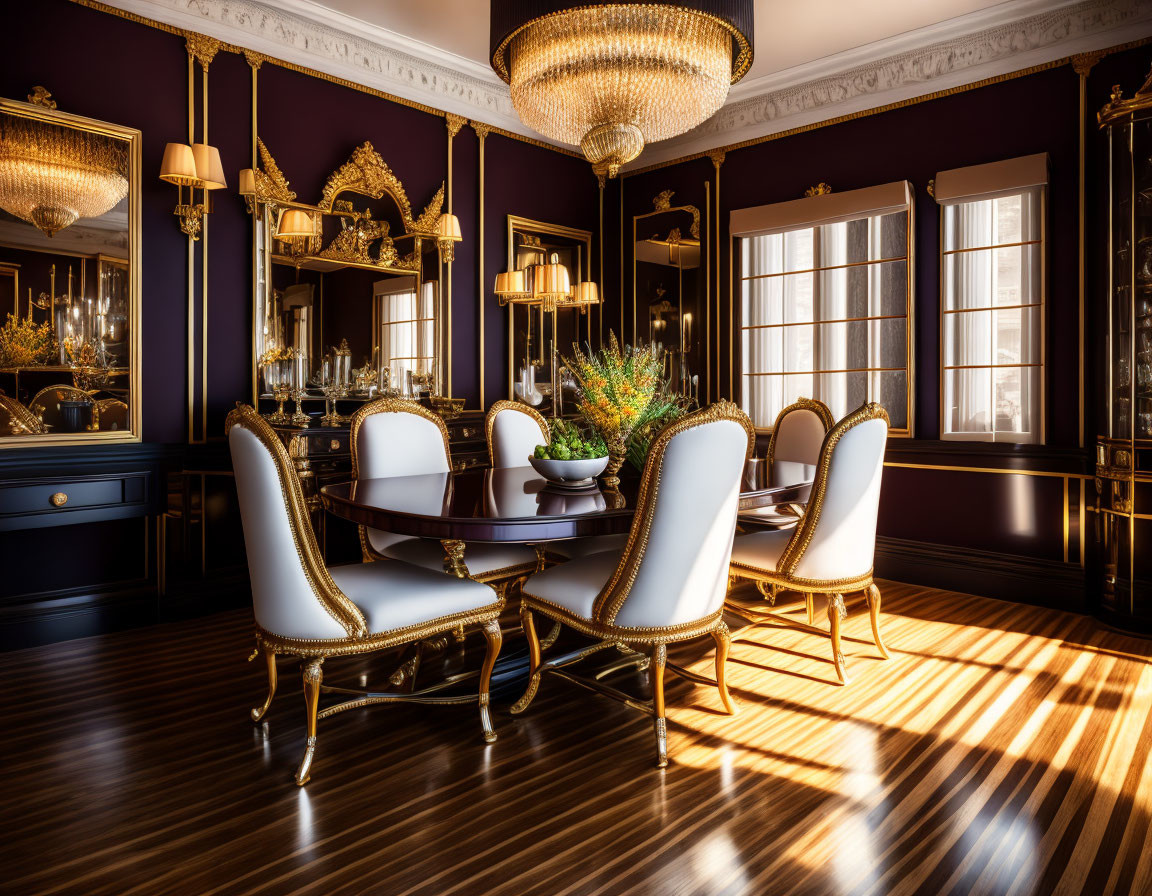 Luxurious Dining Room with Dark Purple Wall, Golden Accents, Chandeliers, Round Table,