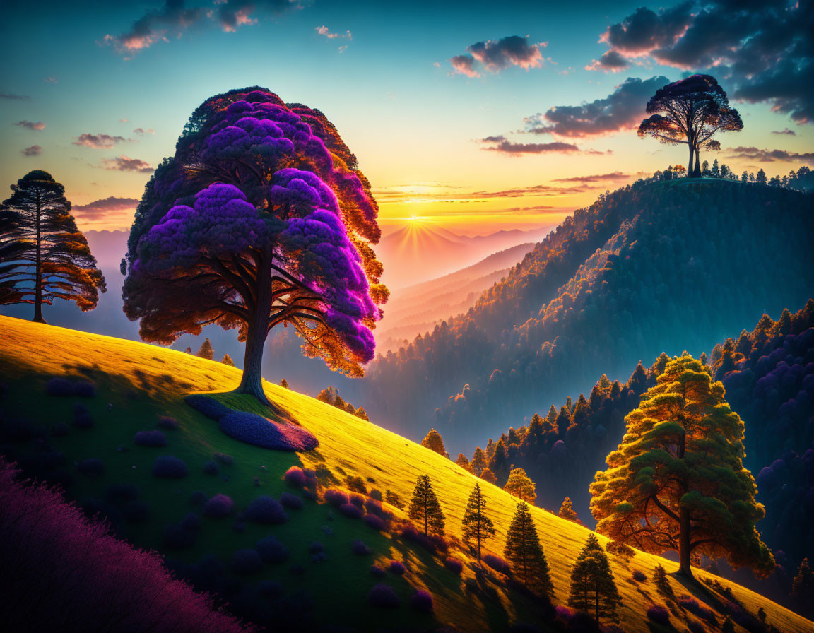 Colorful sunset over rolling hills with silhouetted trees and vibrant foliage.