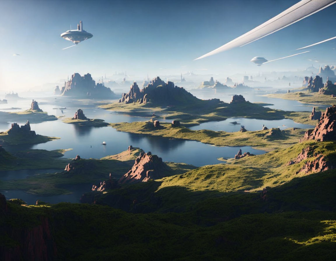 Alien landscape with lush greenery, islands, floating structures, and ringed planet