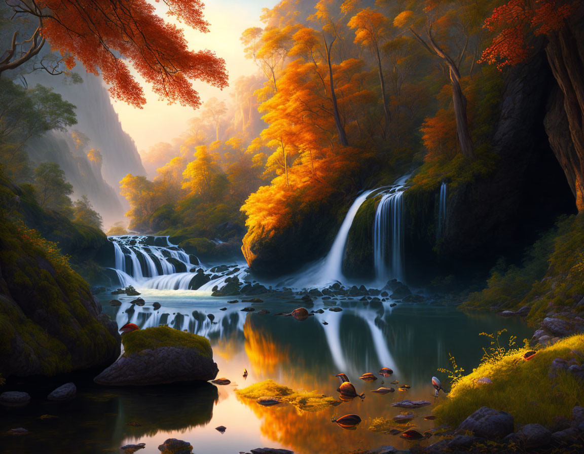 Tranquil autumnal forest pond with cascade and vibrant foliage
