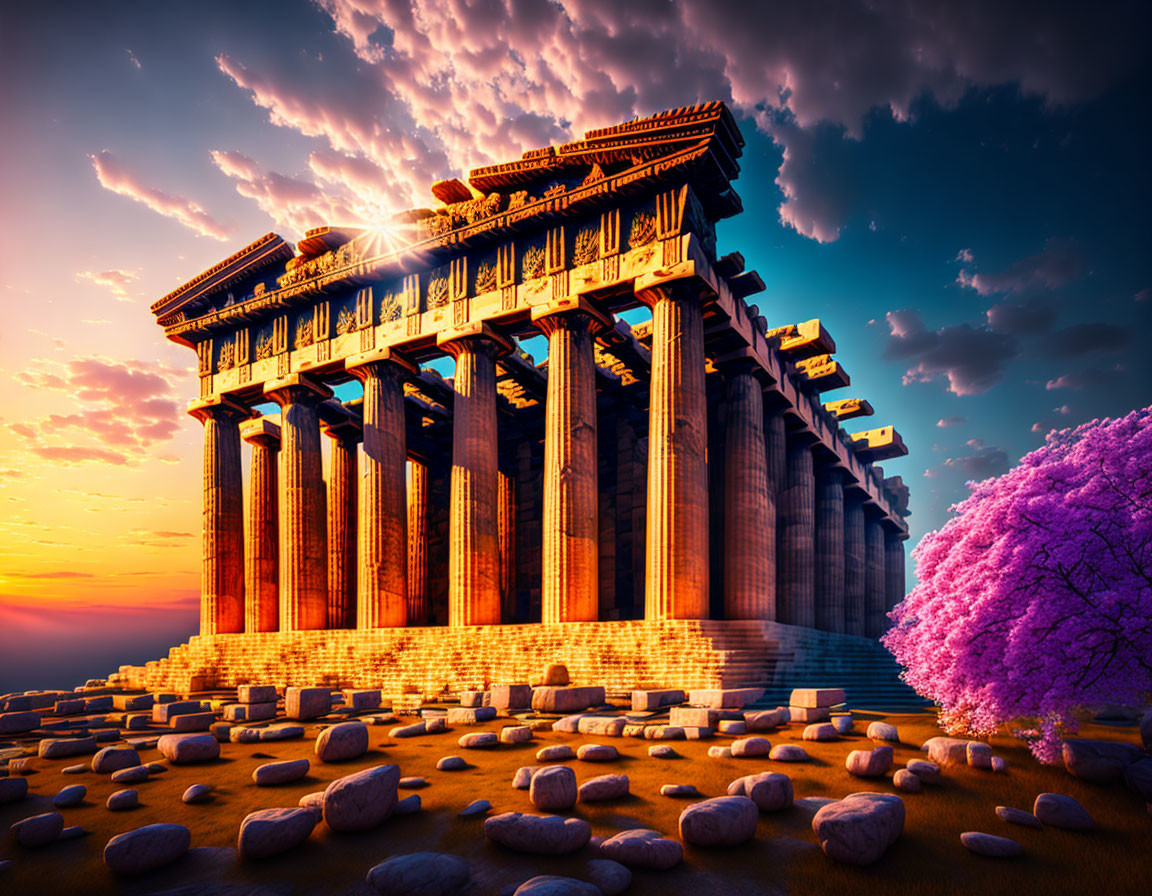Ancient temple with cherry blossoms at sunset