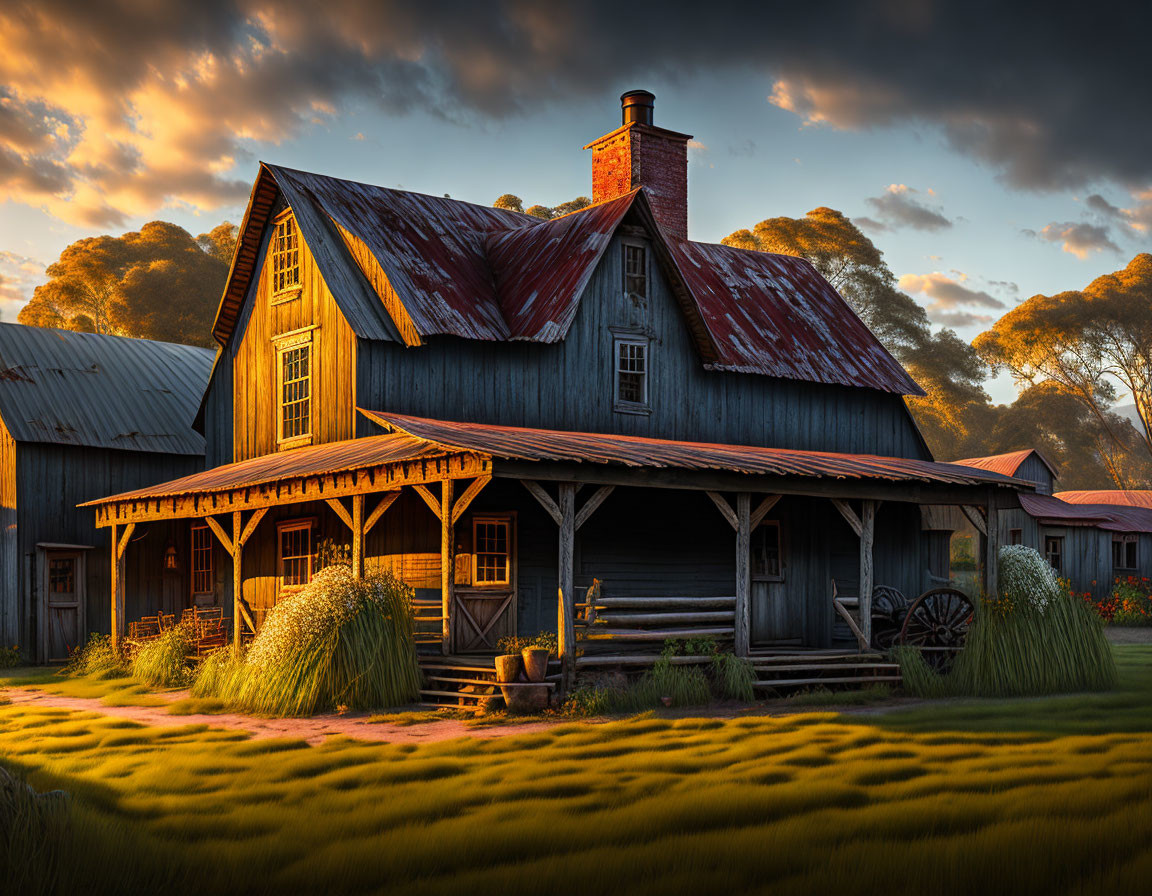 Rustic wooden farmhouse with red roof in golden sunset light surrounded by lush greenery