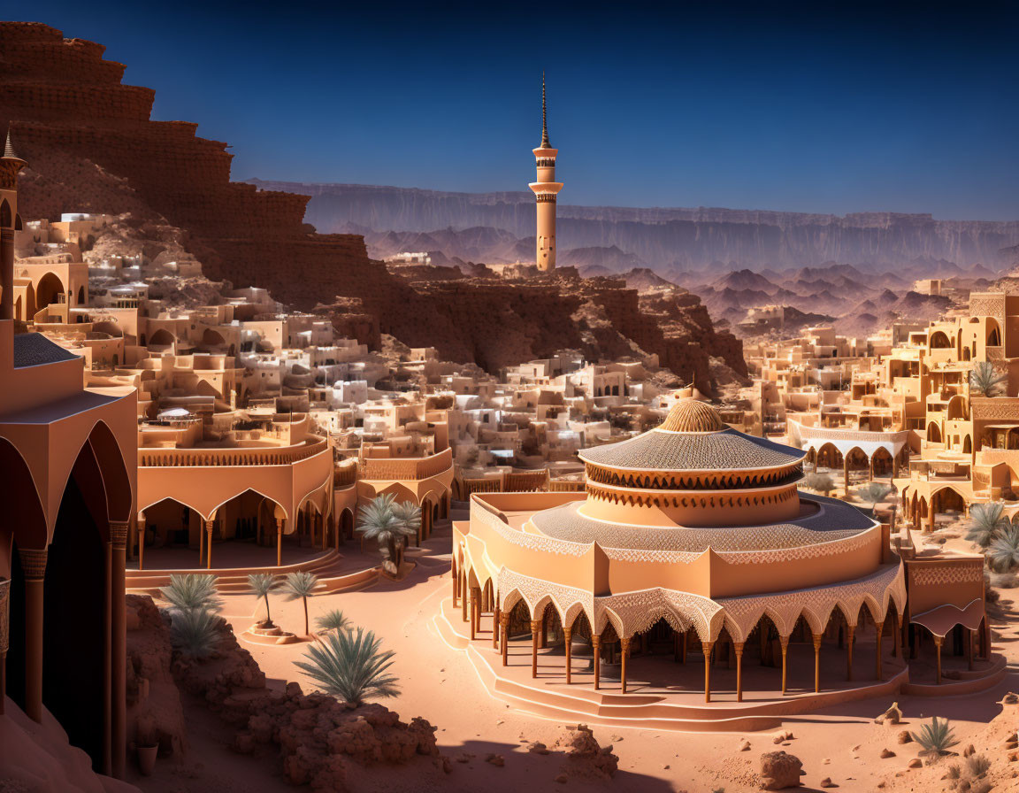 Desert town with domed structure, traditional buildings, and antenna in rugged canyon landscape