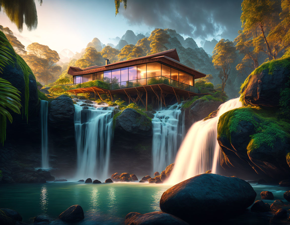 Glass House Over Waterfall in Tropical Forest at Sunrise