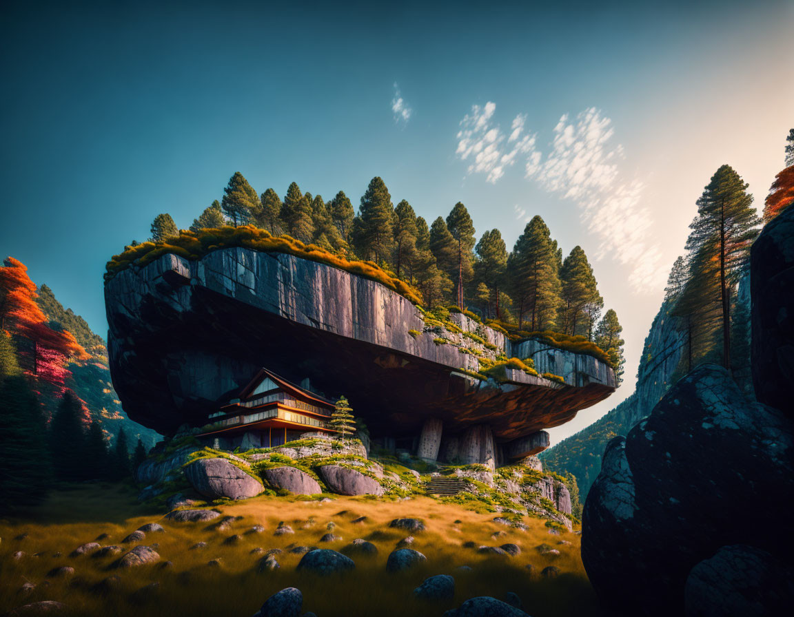 House on a giant rock amid the forest
