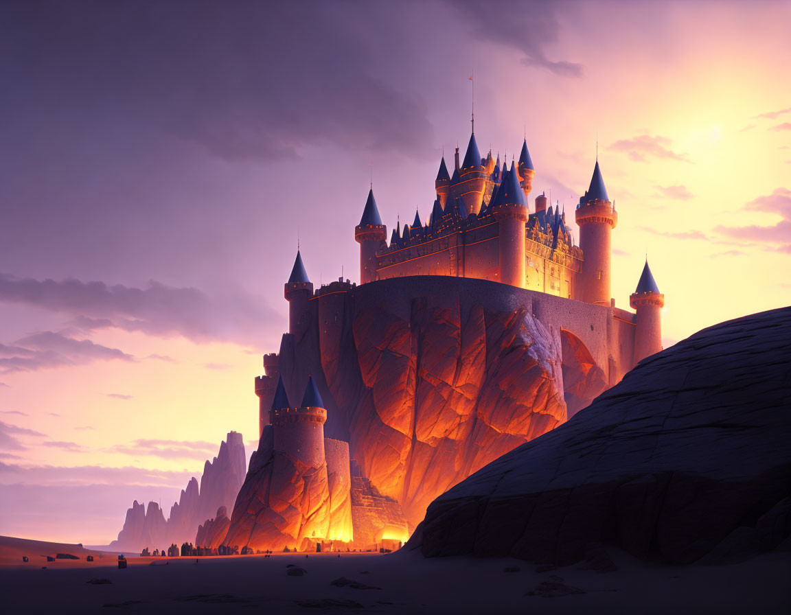 Majestic castle at sunset over desert with figures approaching