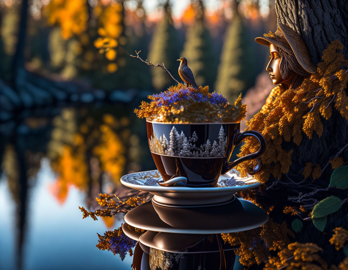 Bird perched on teacup with flowers, wooden figure, autumn leaves, and reflective lake.
