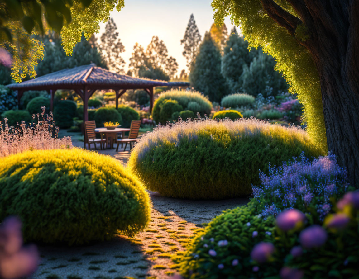 Tranquil garden scene with wooden gazebo and purple blooms at dusk
