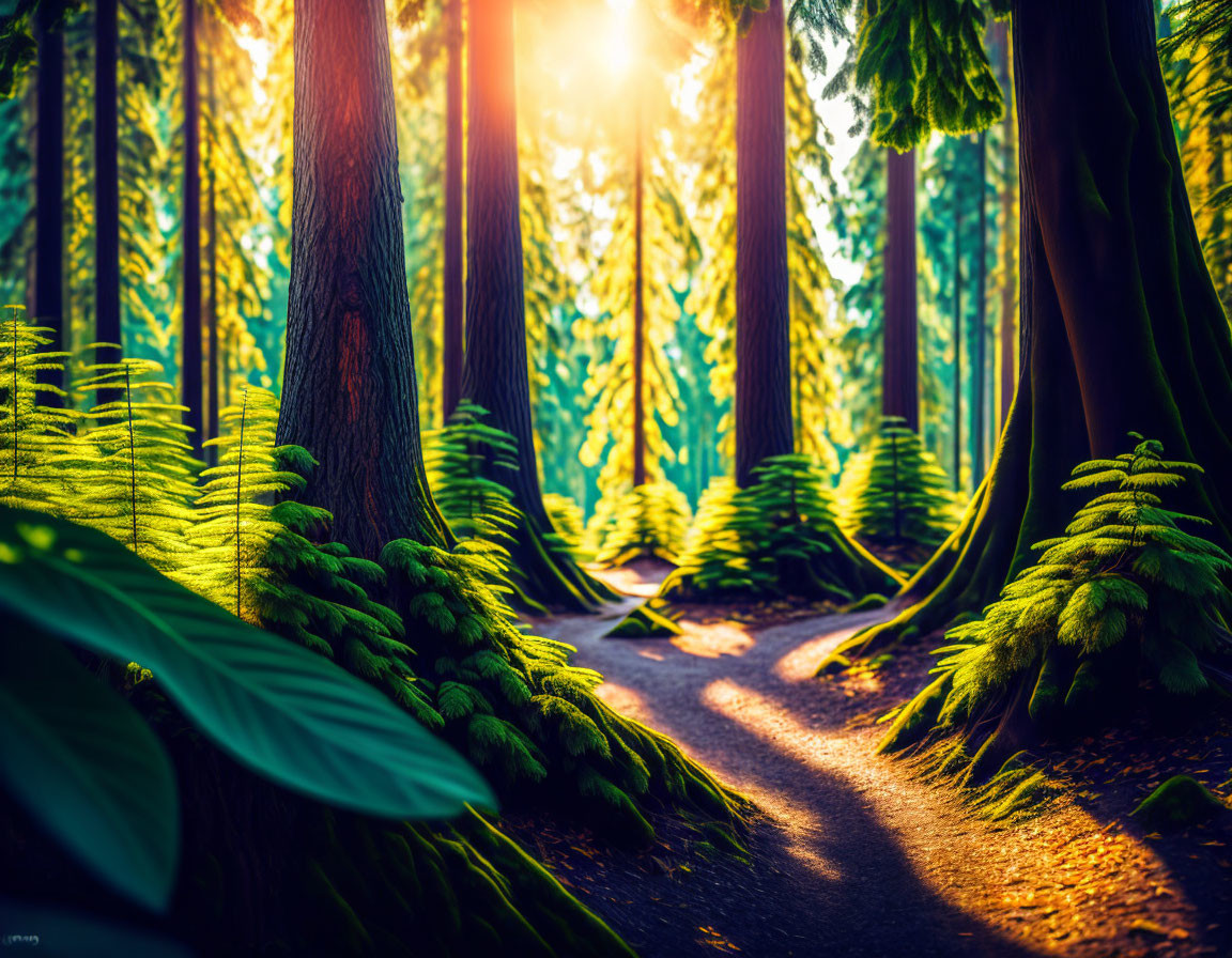 Sunlight filters through dense forest on winding path.