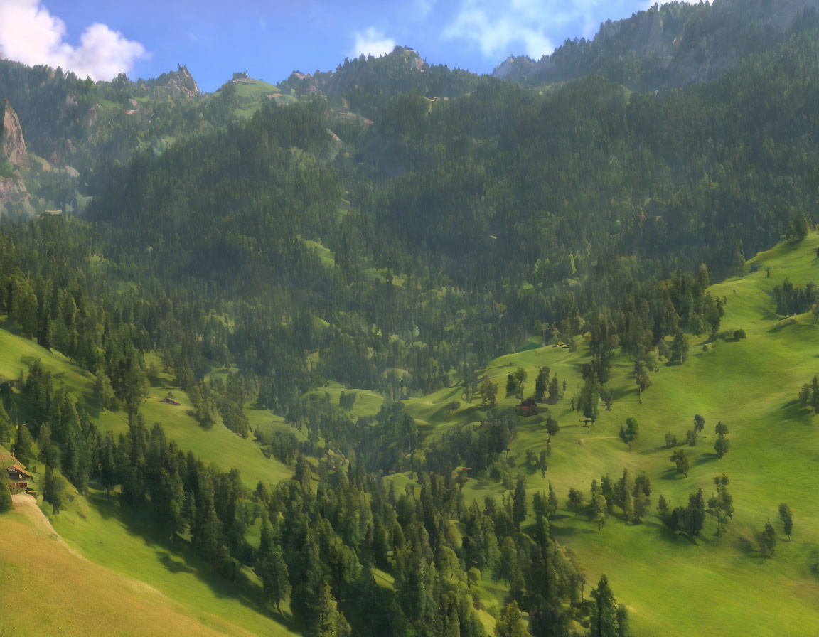Scenic landscape of lush green hills, trees, and mountains under a blue sky