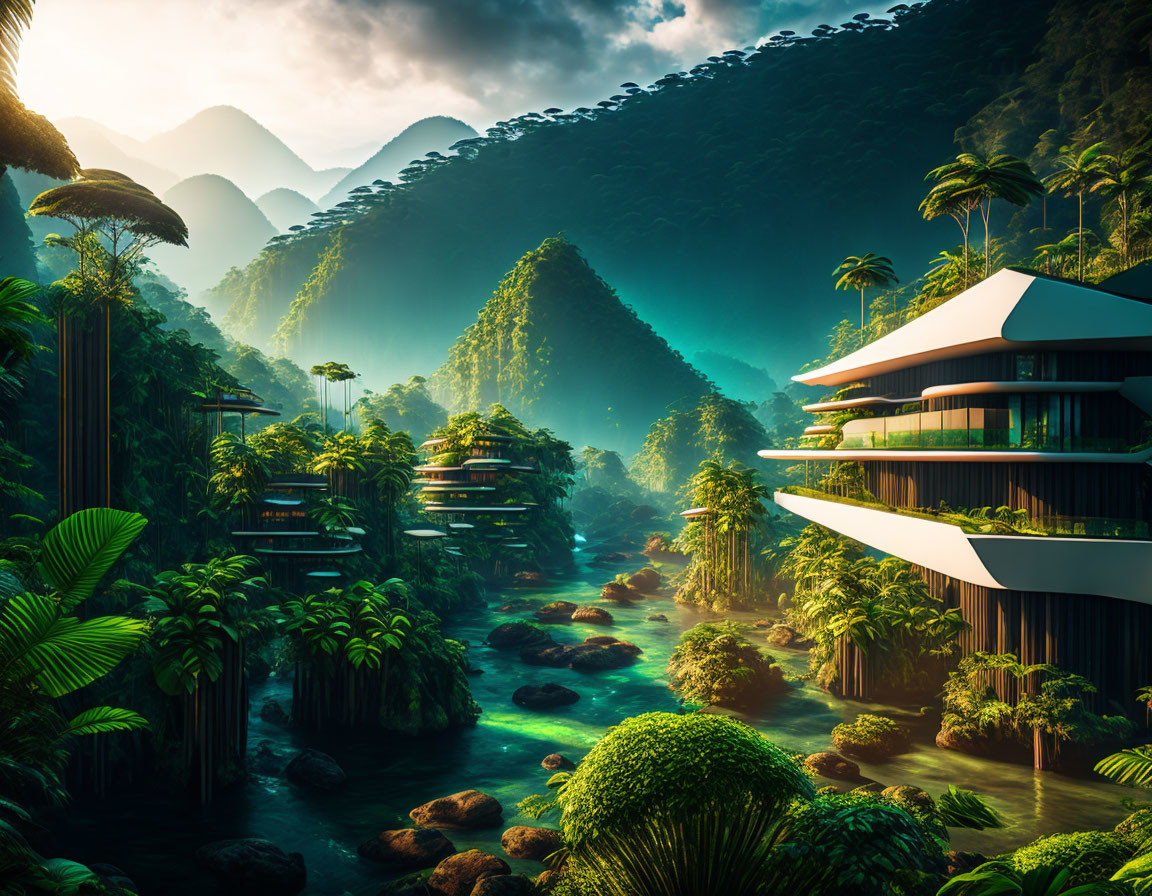 Futuristic buildings in lush valley with misty mountains and flowing river