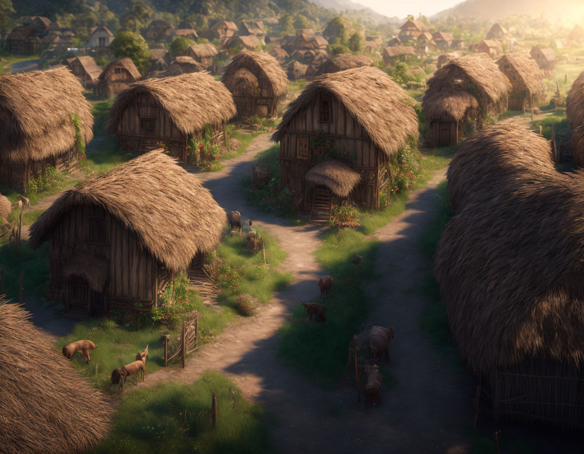 Rustic village with thatched-roof huts and grazing animals