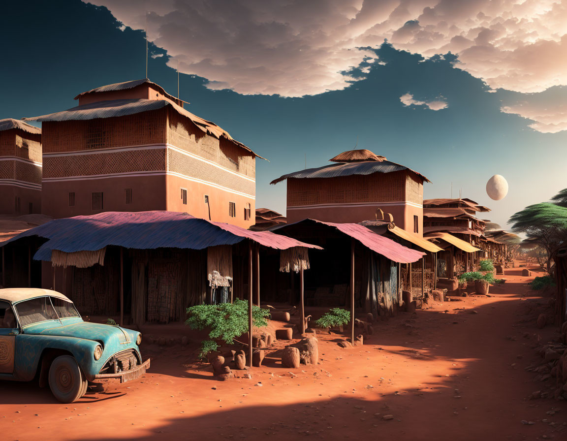Traditional mud-brick houses in a tranquil desert village with blue canopies and an old car under a