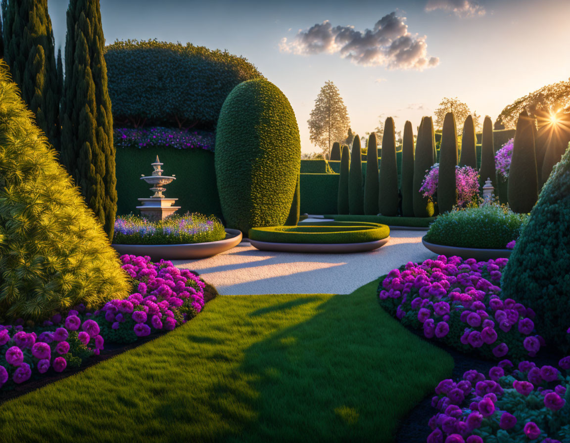 Lush garden with pink flowers, green hedges, topiaries, and fountain at sunrise