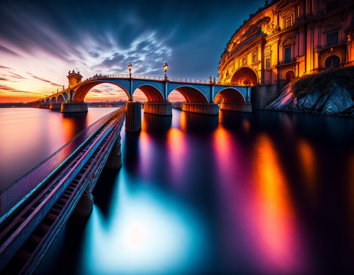 Colorful Sunset Reflections on Illuminated Bridge at Calm River