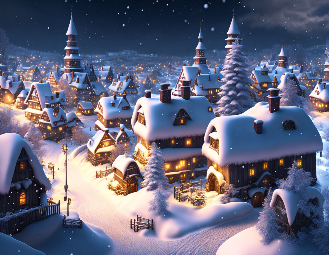 Snowy Winter Village at Dusk with Cozy Homes and Festive Decor