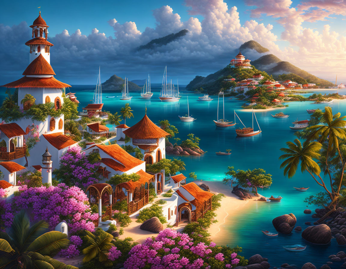 Scenic coastal village with red-tiled roofs, purple flowers, boats, hills, and clouds