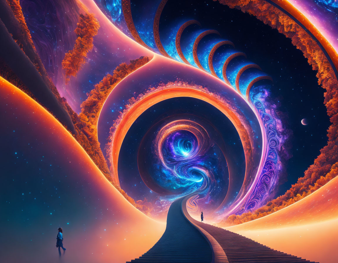 Surreal landscape with person on wooden pathway and swirling vortex of stars and nebulae