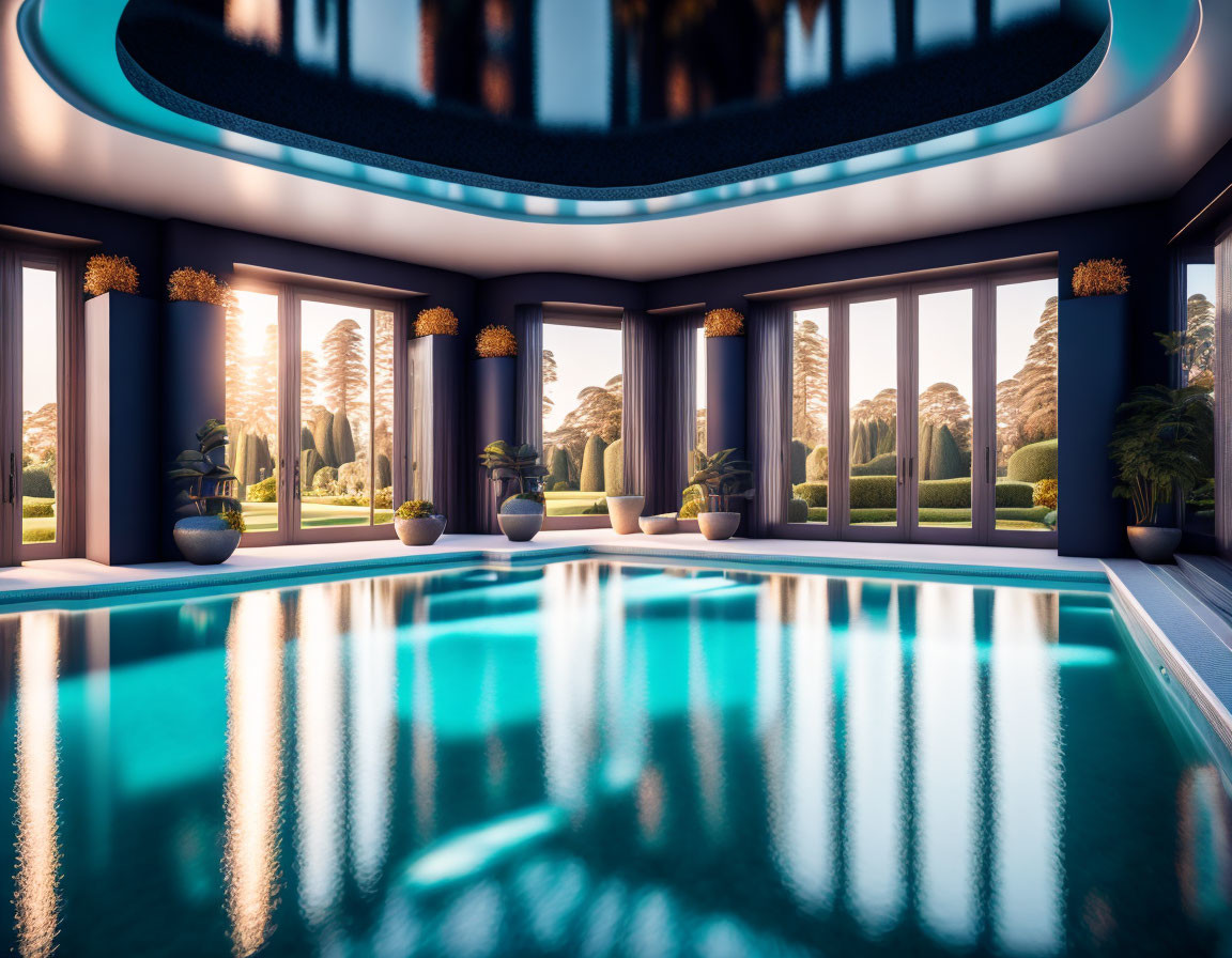 Indoor Pool with Reflective Water and Serene Landscape View