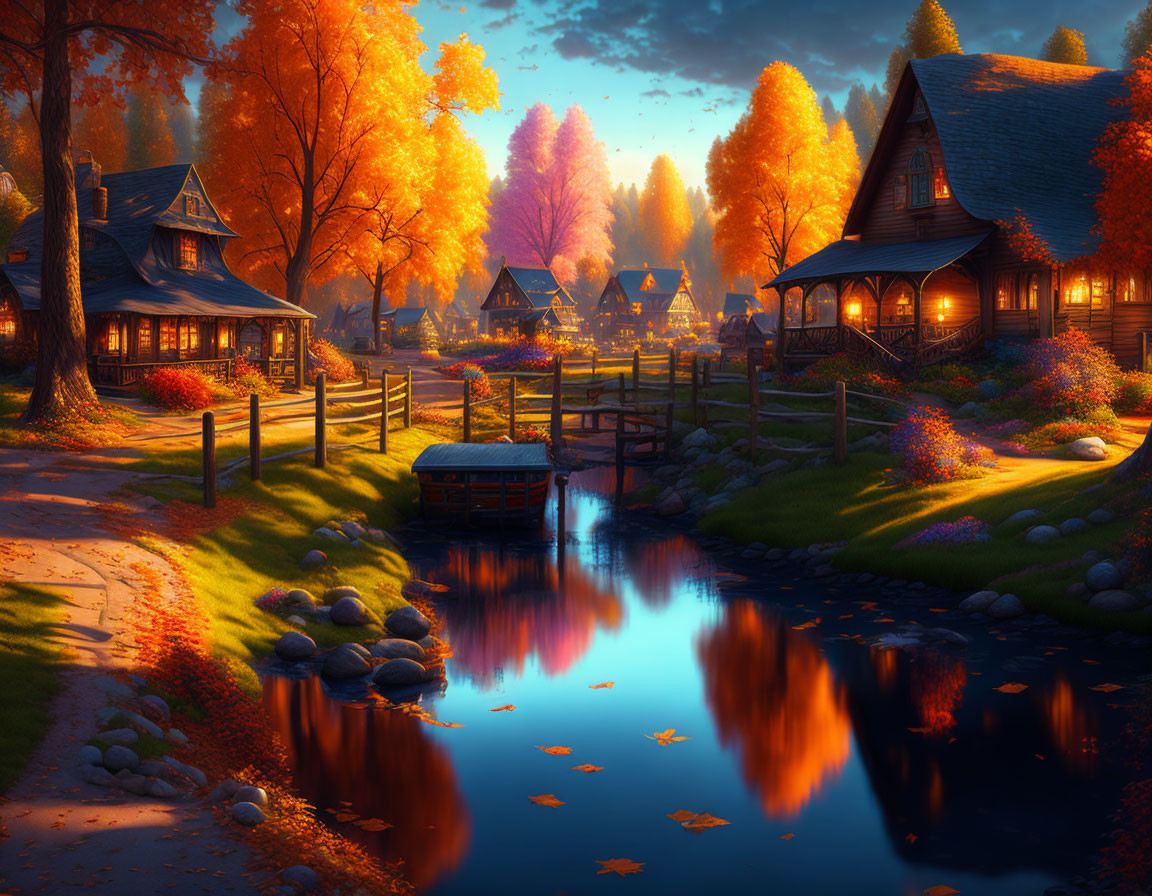 Tranquil autumn village by reflective stream, vibrant fall foliage, golden hour