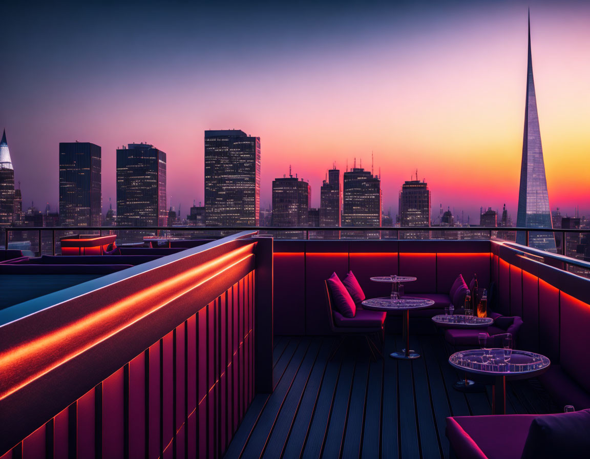 Modern rooftop terrace with city skyline view at sunset in pink and blue hues