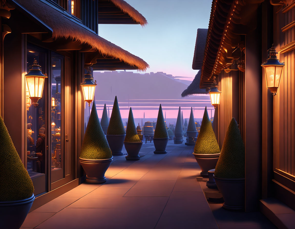 Japanese architecture with lanterns and topiaries in twilight landscape
