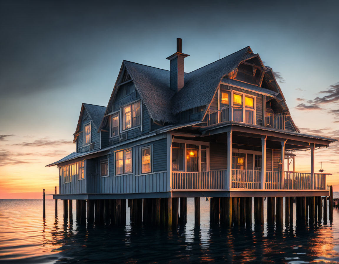 Seaside stilted wooden house at sunset