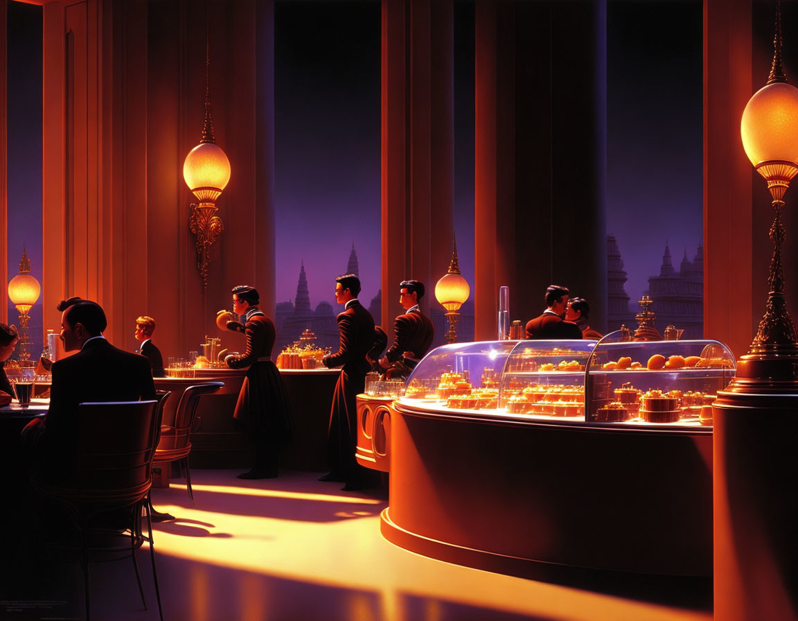 Restaurant patrons dining in elegant evening setting with city silhouettes.