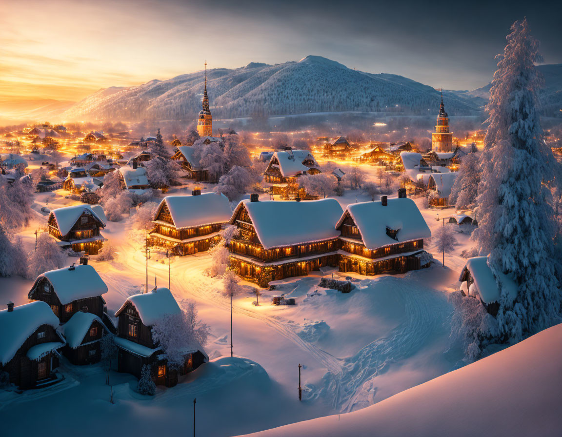 Snow-covered village at dusk with warmly lit homes, church spire, and snowy hills under a golden