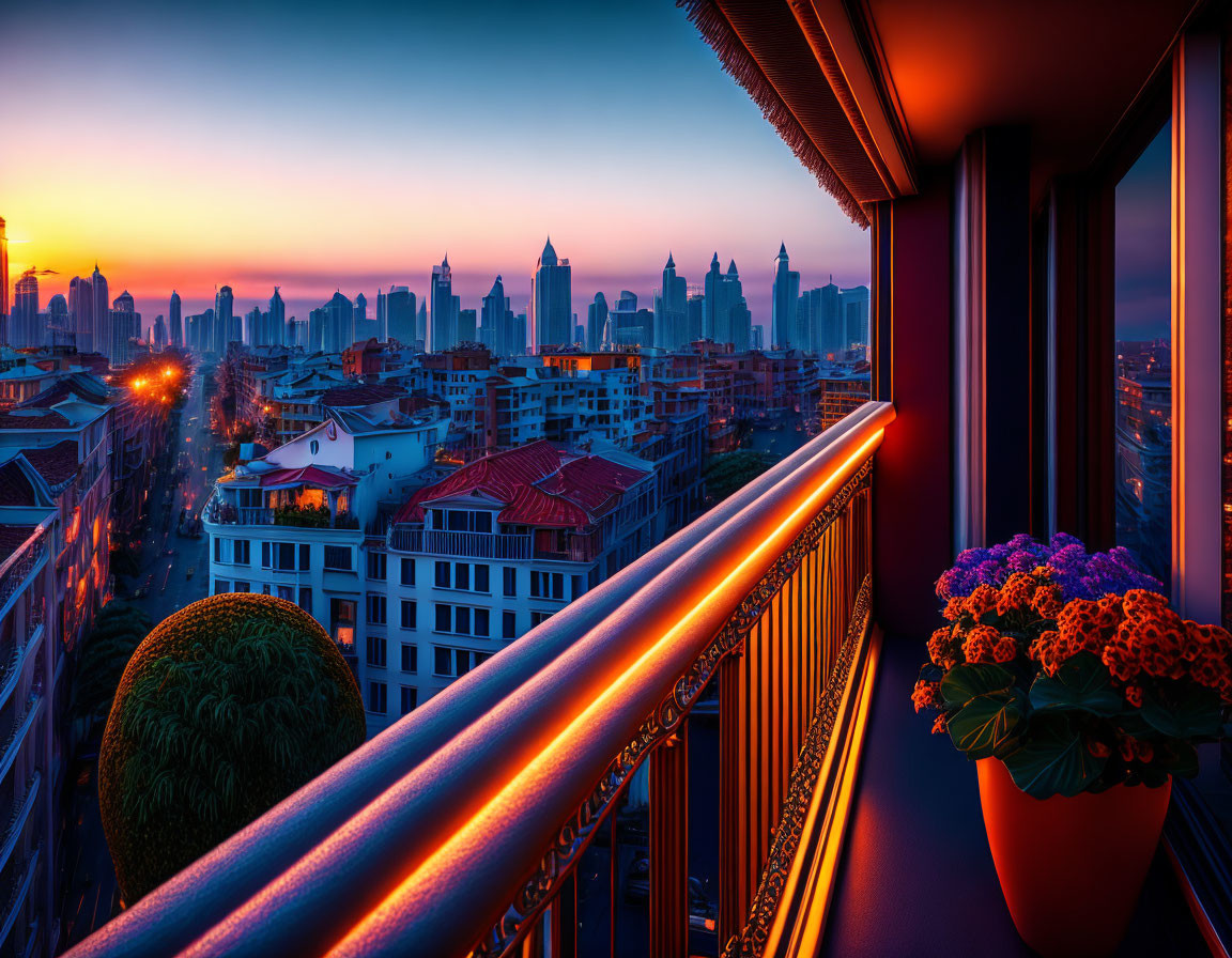 Sunset cityscape with modern and traditional buildings from balcony.