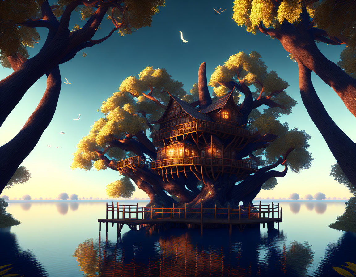 Fantastical treehouse with wooden walkways among golden foliage and flying birds by serene lake