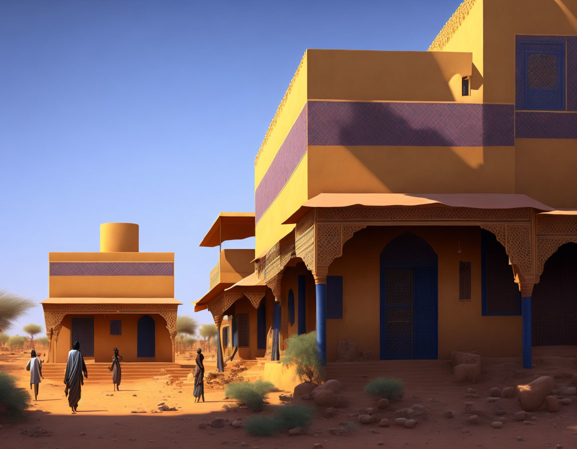 Digital artwork of desert scene with golden-yellow and blue architecture and figures in traditional attire.