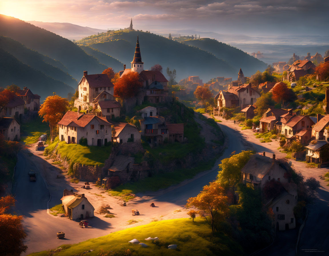 Idyllic European village at sunset with traditional houses and church spire