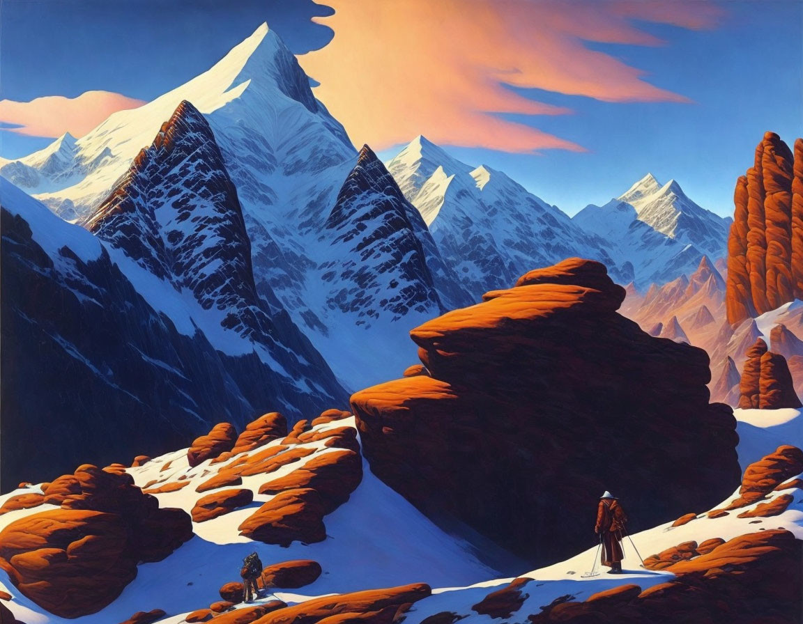 Colorful painting of adventurer in snowy mountain scene