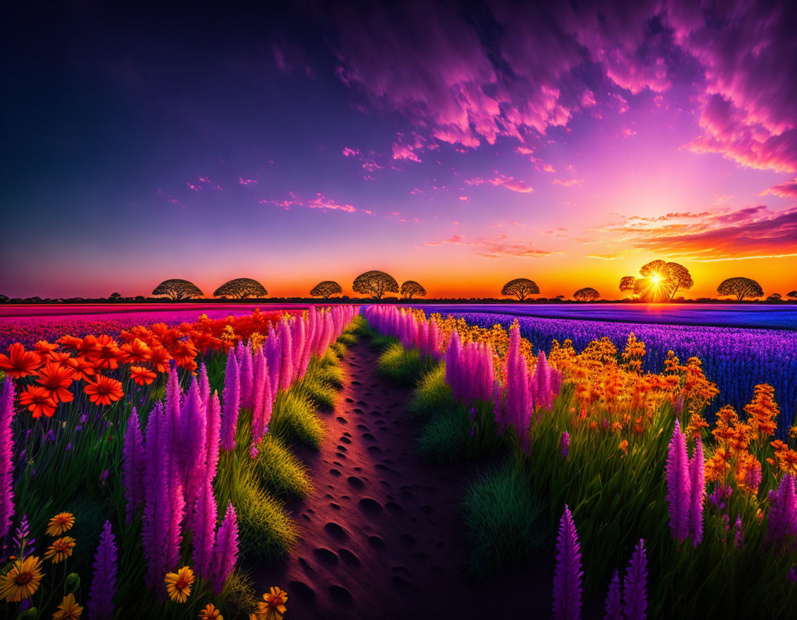 Colorful Flower Field Sunset with Pathway in Purple and Orange Sky