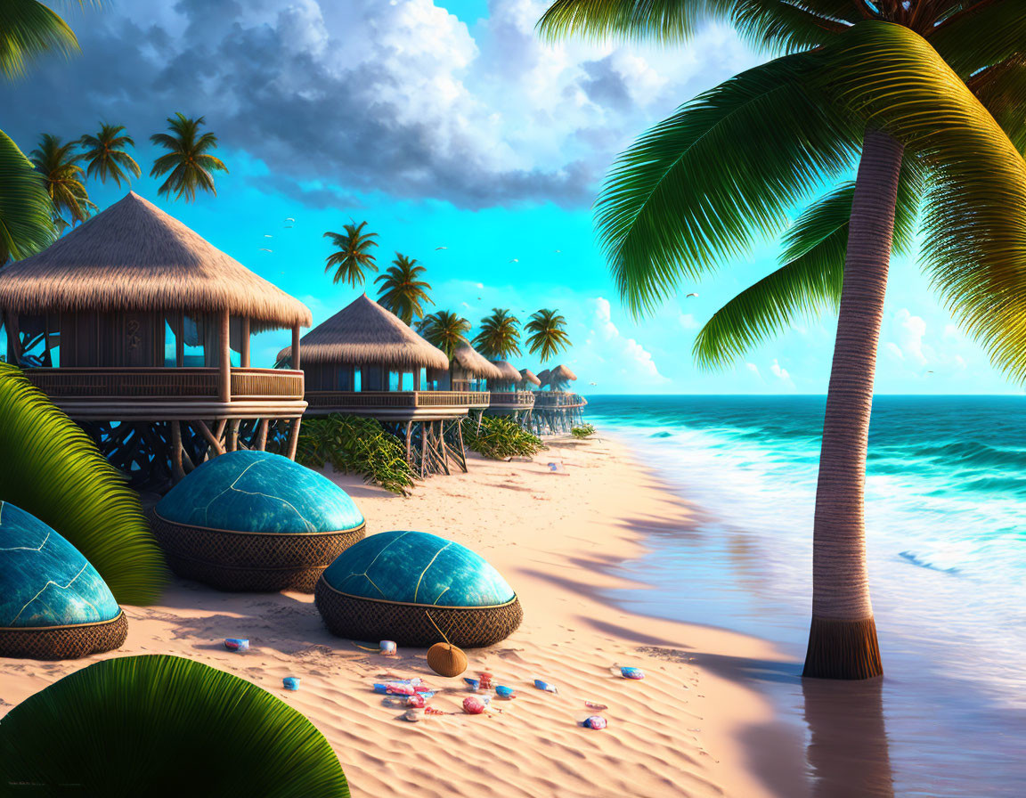 Tropical beach scene with huts, palm trees, turquoise ocean, and seashells