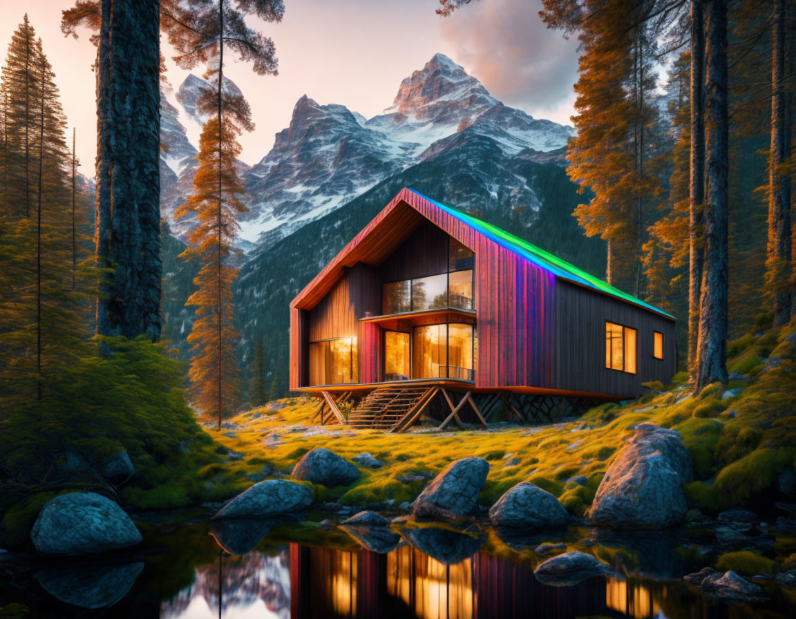 Modern cabin with rainbow streak in serene forest by reflective lake and snow-capped mountains at dusk