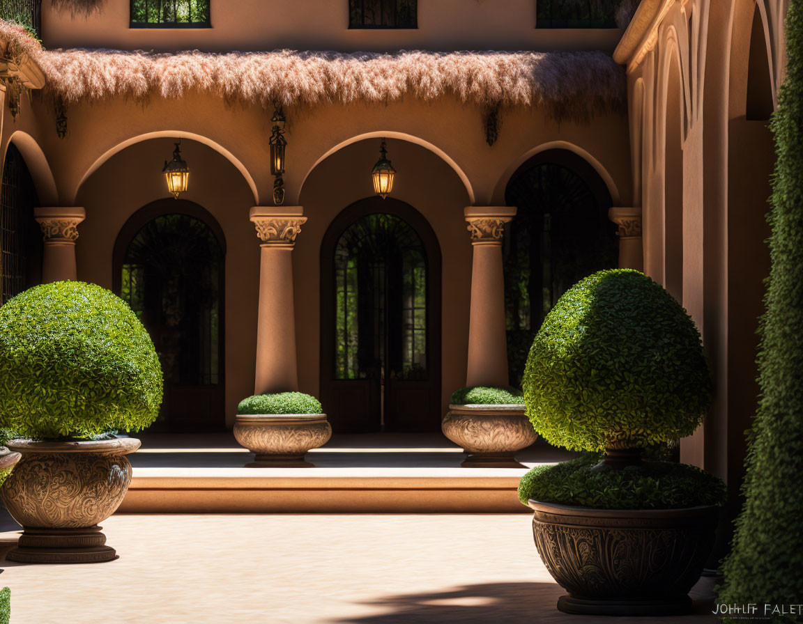 Tranquil courtyard with trimmed hedges, decorative pots, arched doorways, and warm lighting