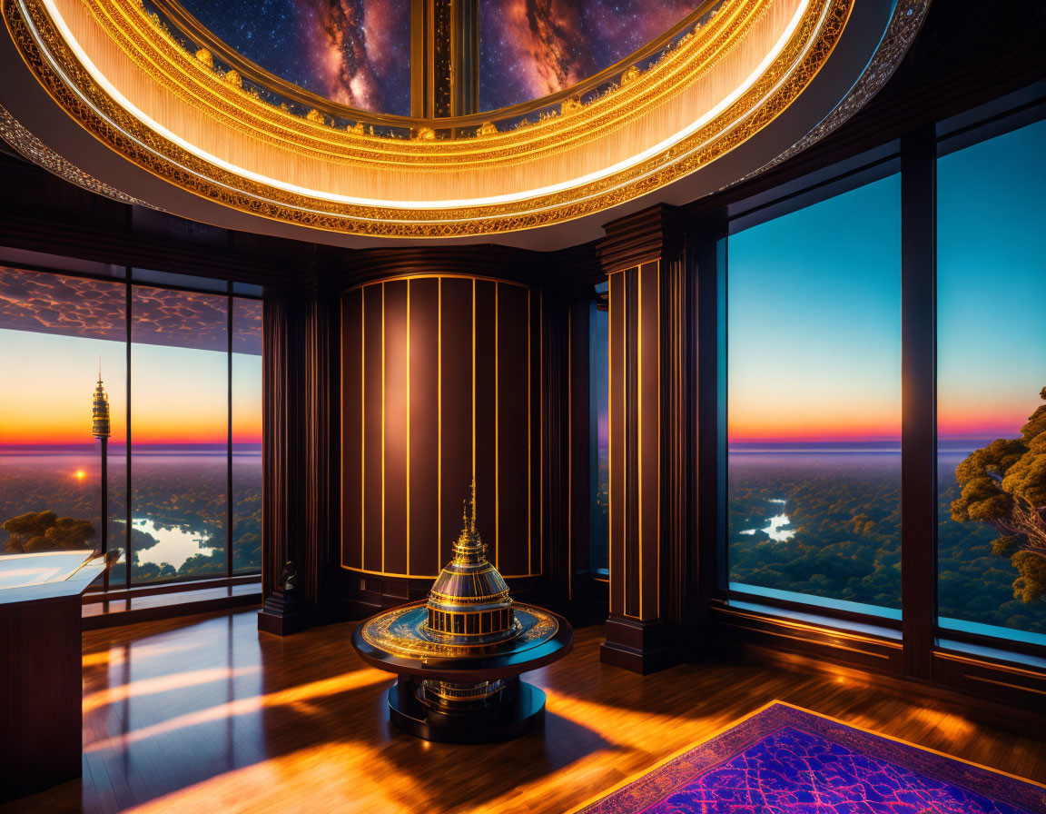 Grand ceiling cosmos view in luxurious room with panoramic sunset windows.
