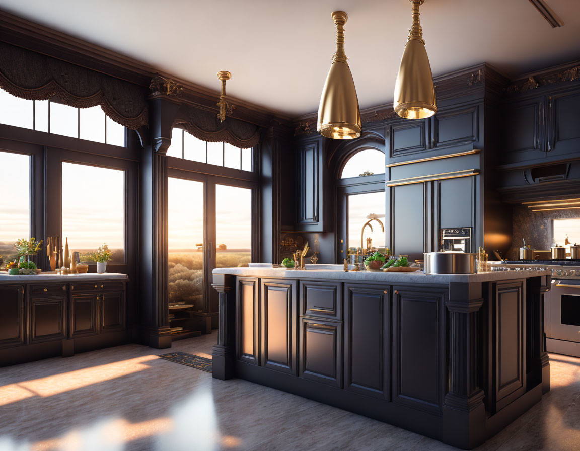 Luxurious kitchen with dark wood cabinetry, gold pendant lights, and marble-topped island.