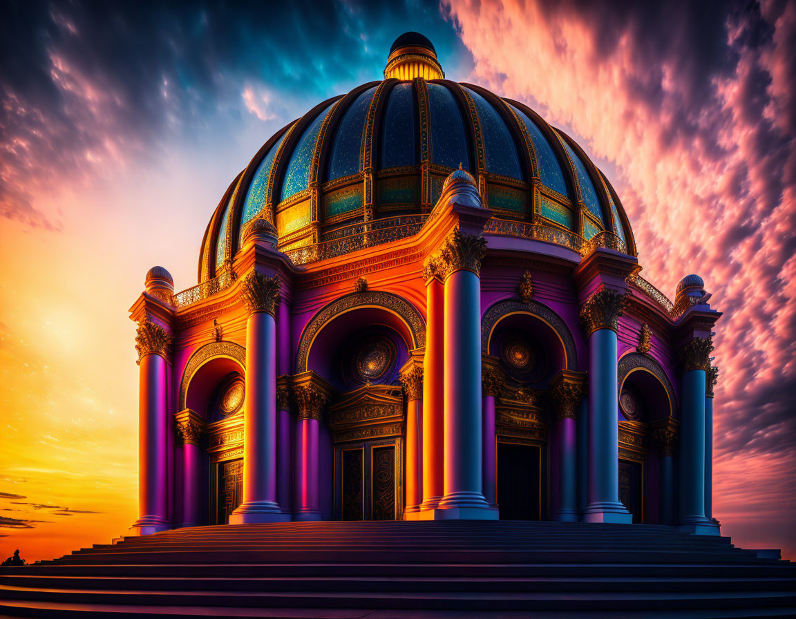 Grand dome with ornate decorations under dramatic sunset sky