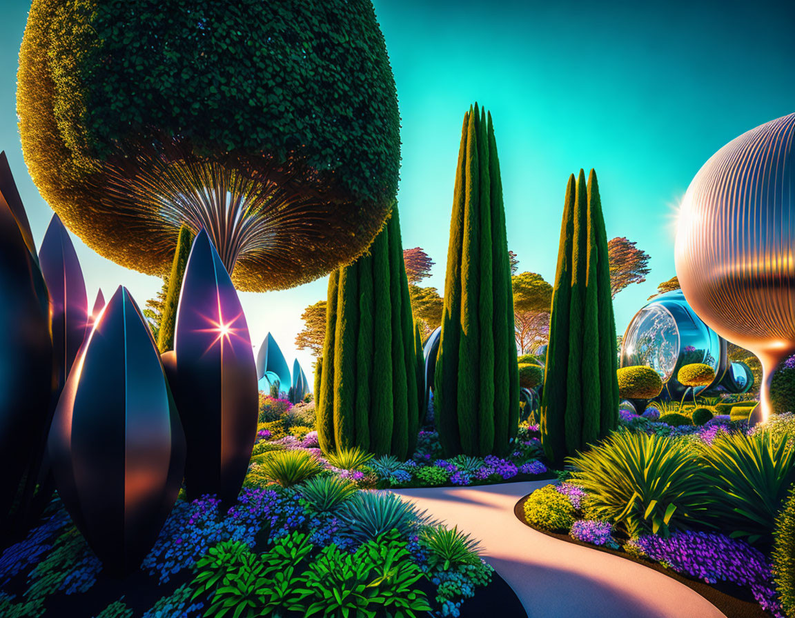 Fantasy garden with topiary, whimsical plants, orbs, and blue sky
