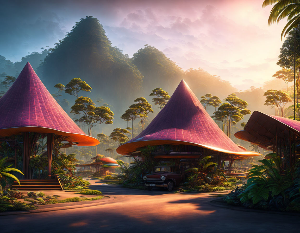 Conical roof huts in lush jungle with classic car at sunrise
