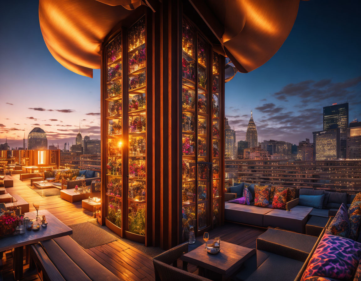 Luxurious Rooftop Lounge with Glass Enclosure and City Skyline View