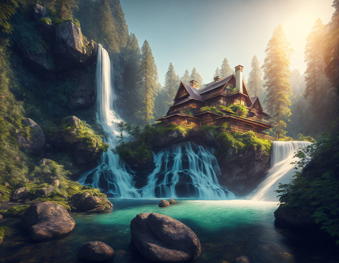 House beside a waterfall