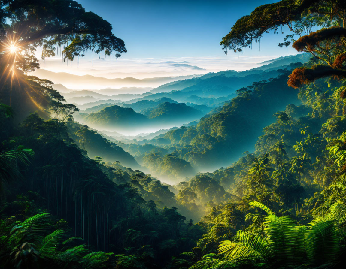 Misty tropical rainforest at sunrise with lush greenery
