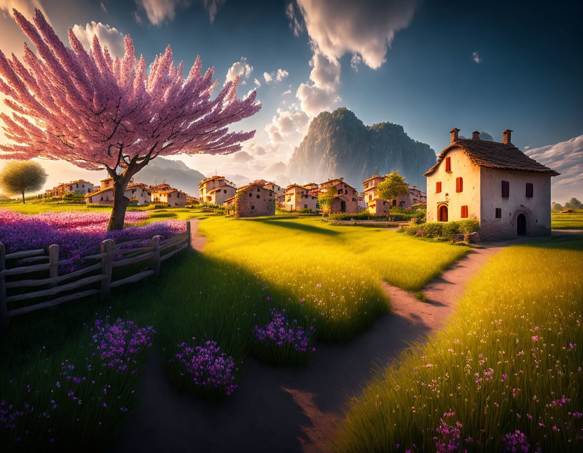 Scenic village with purple flowers, pink tree, green meadow, and mountains at sunset