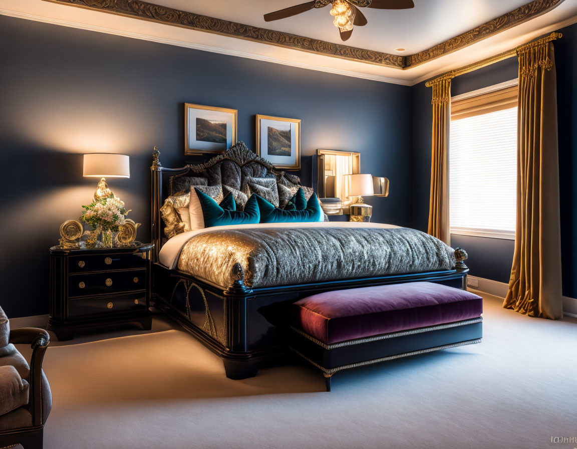 Luxurious Bedroom with Dark Blue Accent Wall, Gray Bedding, Nightstands, and Plum Bench