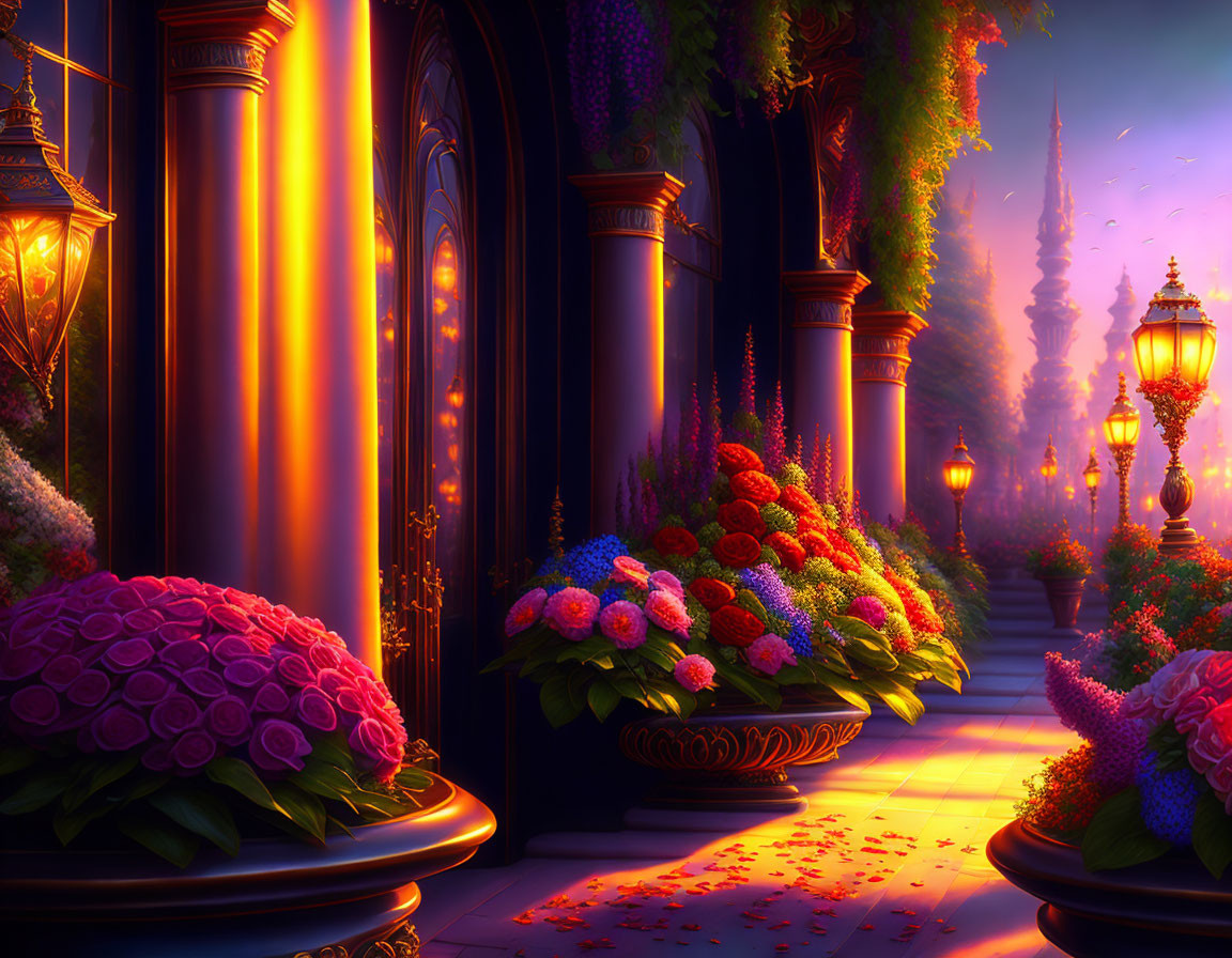 Vibrant flowers and grand archway at twilight palace scene