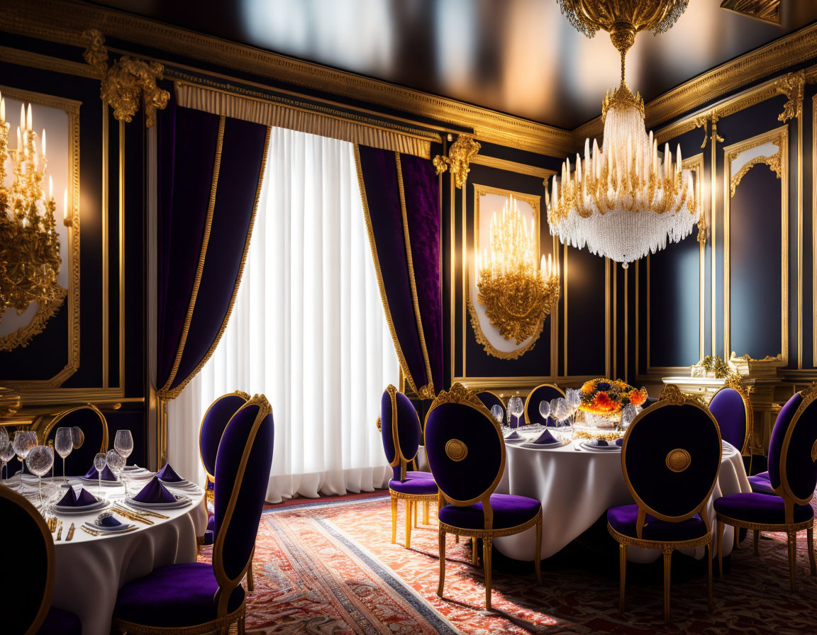 Luxurious dining room with purple chairs, crystal chandeliers, and velvet curtains